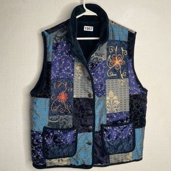 VTG Poetica Patchwork Reversible Button Front Vest Women Size M Blue/Purple - Picture 5 of 11